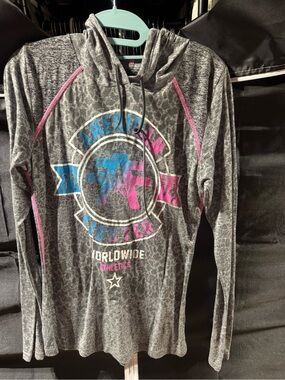 American Fighter Gray Leopard-Print Hooded Sweatshirt with Blue & Pink Logo